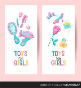 Toys for girls. Vector illustration. Isolated on a white background. A set of items of women&rsquo;s everyday life. Toy Hairdryer, comb, shoes, handbag, tiara, mirror. Beautiful flowers.
