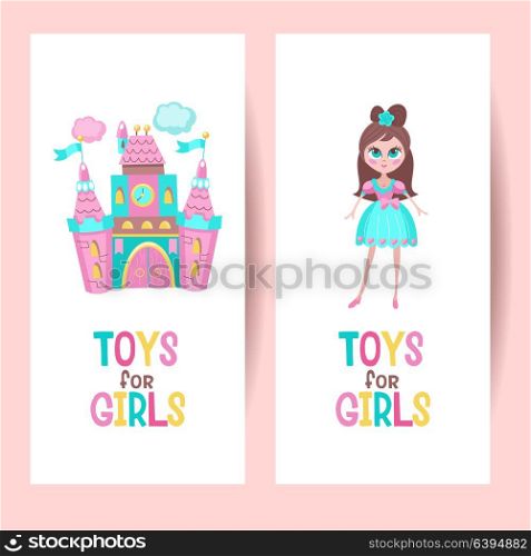 Toys for girls. Vector illustration. Isolated on a white background. The medieval fairytale castle. Beautiful girl doll.
