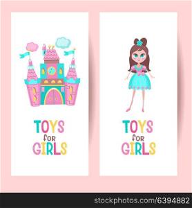 Toys for girls. Vector illustration. Isolated on a white background. The medieval fairytale castle. Beautiful girl doll.