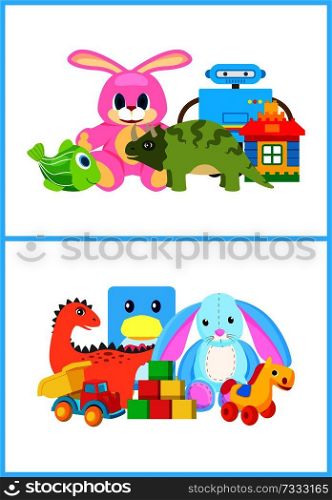Toys for kids collection, toys for children with rabbit and robot, car and house, dinosaurs of different types, vector illustration isolated on white. Toys for Kids Collection, Vector Illustration