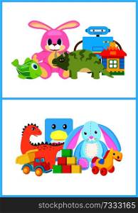 Toys for kids collection, toys for children with rabbit and robot, car and house, dinosaurs of different types, vector illustration isolated on white. Toys for Kids Collection, Vector Illustration