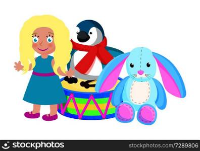 Toys for kids from Santa Claus made at his factory, blonde girl and penguin, rabbit and drum, vector illustration isolated on white background. Toys for Kids from Santa Claus Vector Illustration