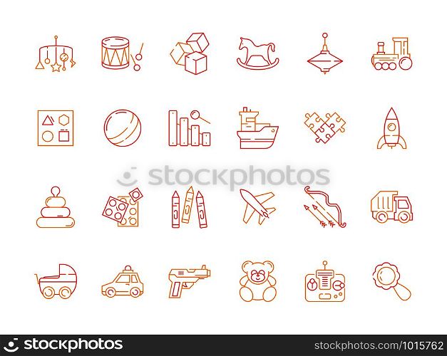 Toys for kids icon. Blocks plastic cars and soldiers books funny games vector thin line colored pictures. Illustration of toy for game, ship and plane. Toys for kids icon. Blocks plastic cars and soldiers books funny games vector thin line colored pictures