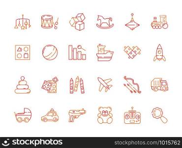 Toys for kids icon. Blocks plastic cars and soldiers books funny games vector thin line colored pictures. Illustration of toy for game, ship and plane. Toys for kids icon. Blocks plastic cars and soldiers books funny games vector thin line colored pictures