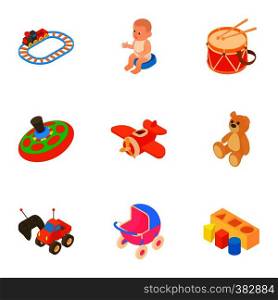 Toys for kids icons set. Cartoon illustration of 9 toys for kids vector icons for web. Toys for kids icons set, cartoon style