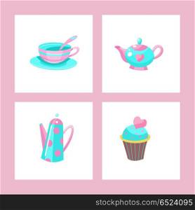 Toys for little princesses. Set of vector cliparts.. Toys for little princesses. Set of vector cliparts. Kettle, Cup, pot, cupcake muffin.