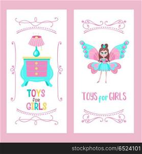 Toys for little princesses. Set of vector cliparts.. Toys for little princesses. Set of vector cliparts. Beautiful girl in beautiful dress with butterfly wings. Toy chest of drawers and lamp. Childrens furniture.