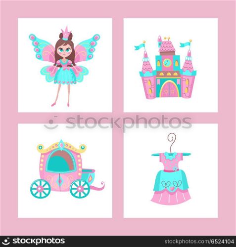 Toys for little princesses. Set of vector cliparts.. Toys for little princesses. Set of vector cliparts. Beautiful girl in beautiful dress with butterfly wings. Princess dress on a hanger. Carriage and Princess castle.