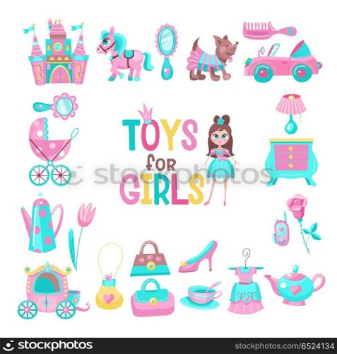 Toys for little princesses. Set of vector cliparts.. Toys for little princesses. Big set of vector cliparts.