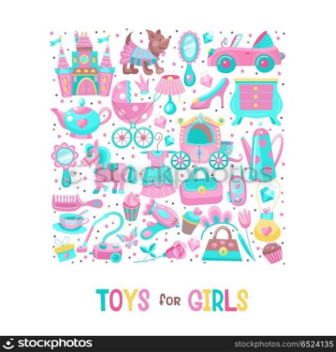 Toys for little princesses. Set of vector cliparts.. Toys for little princesses. Big set of vector images collected in the form of a square. Childrens toy.