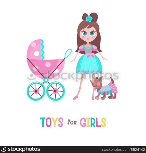 Toys for little princesses. Set of vector cliparts.. Toys for little princesses. Set of vector cliparts. Beautiful girl with a pram walking with a small dressed in a dress dog.