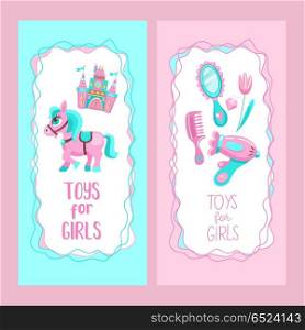 Toys for little princesses. Set of vector cliparts.. Toys for little princesses. Set of vector cliparts. Pink pony Princess castle. Accessories for your little Princess. Comb, mirror, Hairdryer, diamond, pink Tulip.