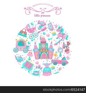 Toys for little princesses. Set of vector cliparts.. Toys for little princesses. Big set of vector images collected in the form of a circle. Childrens toy.