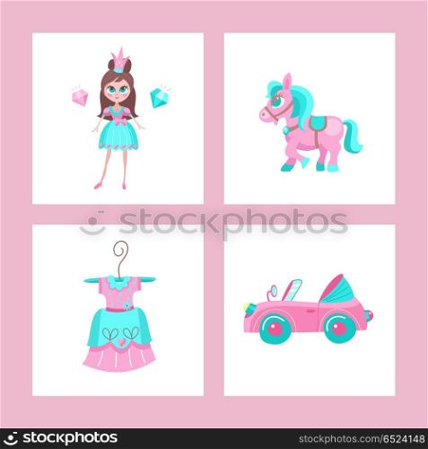 Toys for little princesses. Set of vector cliparts.. Toys for little princesses. Set of vector cliparts. Beautiful dressed girl, pink pony, pink convertible, Princess dress on a hanger.