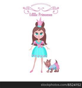 Toys for little princesses. Set of vector cliparts.. Toys for little princesses. Set of vector cliparts. A beautiful girl walks with his little dog dressed.