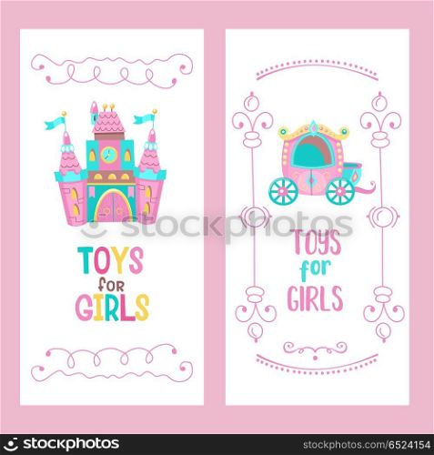 Toys for little princesses. Set of vector cliparts.. Toys for little princesses. Set of vector cliparts. Pink castle for the Princess, a beautiful carriage. Cute hand drawn frame.