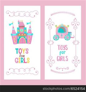 Toys for little princesses. Set of vector cliparts.. Toys for little princesses. Set of vector cliparts. Pink castle for the Princess, a beautiful carriage. Cute hand drawn frame.