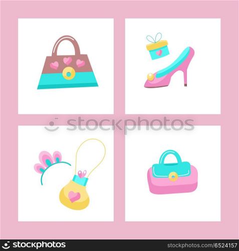 Toys for little princesses. Set of vector cliparts.. Toys for little princesses. Set of vector cliparts. Handbag, shoes, tiara.