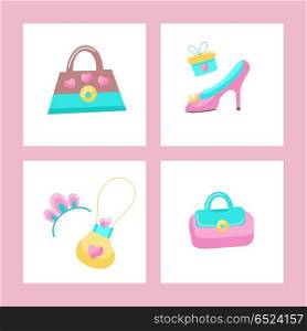 Toys for little princesses. Set of vector cliparts.. Toys for little princesses. Set of vector cliparts. Handbag, shoes, tiara.