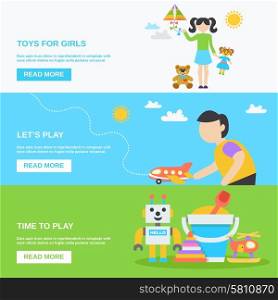 Toys horizontal banner set with girls and boys playing isolated vector illustration. Toys Banner Set