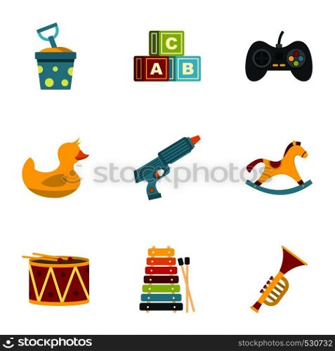 Toys icons set. Flat set of 9 toys vector icons for web isolated on white background. Toys icons set, flat style