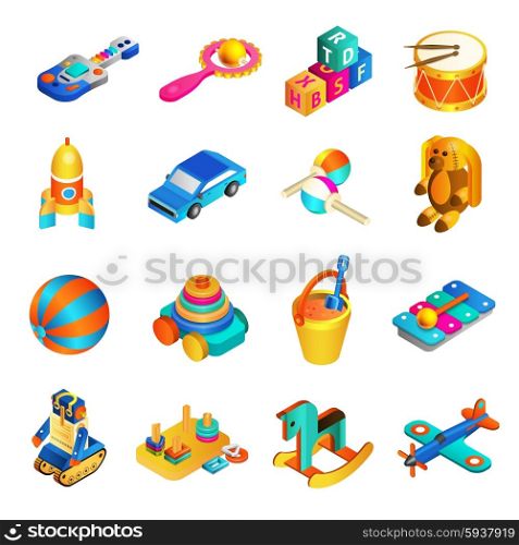 Toys isometric set with 3d rocking horse drums and rocket isolated vector illustration. Toys Isometric Set
