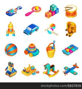 Toys isometric set with 3d rocking horse drums and rocket isolated vector illustration. Toys Isometric Set