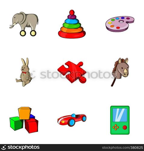 Toys kid icons set. Cartoon illustration of 9 toys kid vector icons for web. Toys kid icons set, cartoon style