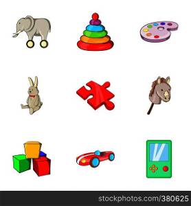 Toys kid icons set. Cartoon illustration of 9 toys kid vector icons for web. Toys kid icons set, cartoon style