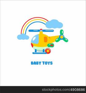 Toys kids. Vector sign, the logo for the toy store. The toy helicopter flies over clouds and rainbows.