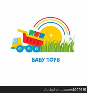 Toys kids. Vector sign, the logo for the toy store. Kids dump truck unloads paint.