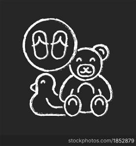 Toys made from flip flops chalk white icon on dark background. Sustainable handmade toys. Recycling rubber flip-flops. Reducing environmental threat. Isolated vector chalkboard illustration on black. Toys made from flip flops chalk white icon on dark background