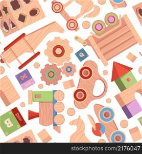 Toys pattern. Vintage wooden attractions for kids textile design projects templates with funny toys blocks cars soldiers dolls garish vector seamless background. Wood toys car and plane, train. Toys pattern. Vintage wooden attractions for kids textile design projects templates with funny toys blocks cars soldiers dolls garish vector seamless background