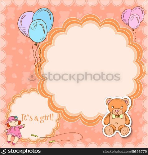 Toys postcard frame template girl set with balloon teddy bear and doll vector illustration.