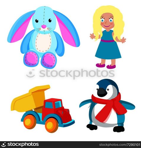 Toys produced at Santa factory, bunny with long ears, girl with blonde hair, truck and penguin with red scarf isolated on vector illustration. Toys Produced at Santa Factory Vector Illustration