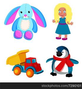 Toys produced at Santa factory, bunny with long ears, girl with blonde hair, truck and penguin with red scarf isolated on vector illustration. Toys Produced at Santa Factory Vector Illustration
