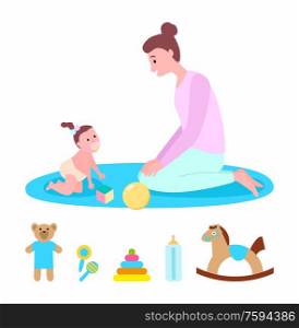 Toys set and baby with mother vector, mom and kid wearing diaper playing together. Plush bear and cone with circles, horse and bottle for feeding. Mother Playing with Kid, Mom and Child with Toys