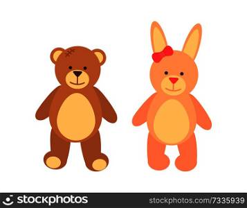 Toys set teddy bear and rabbit, toys created for children, bunny with long ears and bow on it, smiling bear vector illustration isolated on white. Toys Set Teddy Bear and Rabbit Vector Illustration