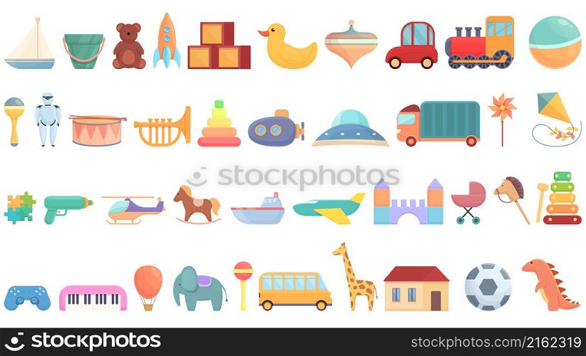 Toys shop icons set cartoon vector. Store market. Game play. Toys shop icons set cartoon vector. Store market