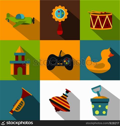 Toys variety icon set. Flat style set of 9 toys variety vector icons for web design. Toys variety icon set, flat style