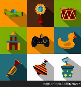 Toys variety icon set. Flat style set of 9 toys variety vector icons for web design. Toys variety icon set, flat style