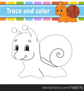 Trace and color. Snail mollusk. Coloring page for kids. Handwriting practice. Education developing worksheet. Activity page. Game for toddlers. Isolated vector illustration. Cartoon style.