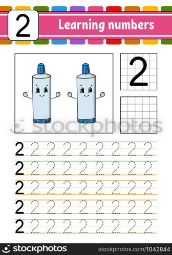 Trace and write. Handwriting practice. Learning numbers for kids. Education developing worksheet. Activity page. Game for toddlers and preschoolers. Isolated vector illustration in cute cartoon style. Trace and write. Handwriting practice. Learning numbers for kids. Education developing worksheet. Activity page. Game for toddlers and preschoolers. Isolated vector illustration in cute cartoon style.