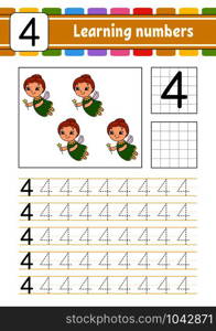 Trace and write. Handwriting practice. Learning numbers for kids. Education developing worksheet. Activity page. Game for toddlers and preschoolers. Isolated vector illustration in cute cartoon style. Trace and write. Handwriting practice. Learning numbers for kids. Education developing worksheet. Activity page. Game for toddlers and preschoolers. Isolated vector illustration in cute cartoon style.