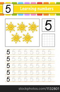 Trace and write. Handwriting practice. Learning numbers for kids. Education developing worksheet. Activity page. Game for toddlers and preschoolers. Isolated vector illustration in cute cartoon style.