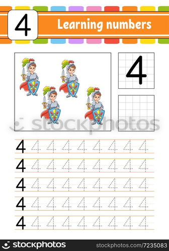 Trace and write. Handwriting practice. Learning numbers for kids. Education developing worksheet. Activity page. Isolated vector illustration in cute cartoon style.