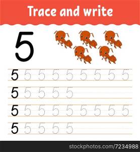 Trace and write. Handwriting practice. Learning numbers for kids. Education developing worksheet. Color activity page. Isolated vector illustration in cute cartoon style.