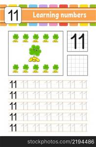 Trace and write numbers. Handwriting practice. Learning numbers for kids. Education developing worksheet. St. Patrick&rsquo;s day. Activity page. Isolated vector illustration in cute cartoon style.