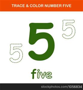 Trace & color number 5 worksheet. Easy worksheet, for children in preschool, elementary and middle school.