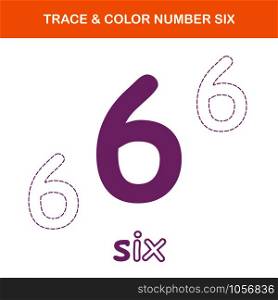 Trace & color number 6 worksheet. Easy worksheet, for children in preschool, elementary and middle school.